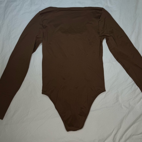 NEW* Bodysuit Sexy Ribbed One Piece / Square Neck / Long Sleeve / Coffee / Large - Picture 3 of 8
